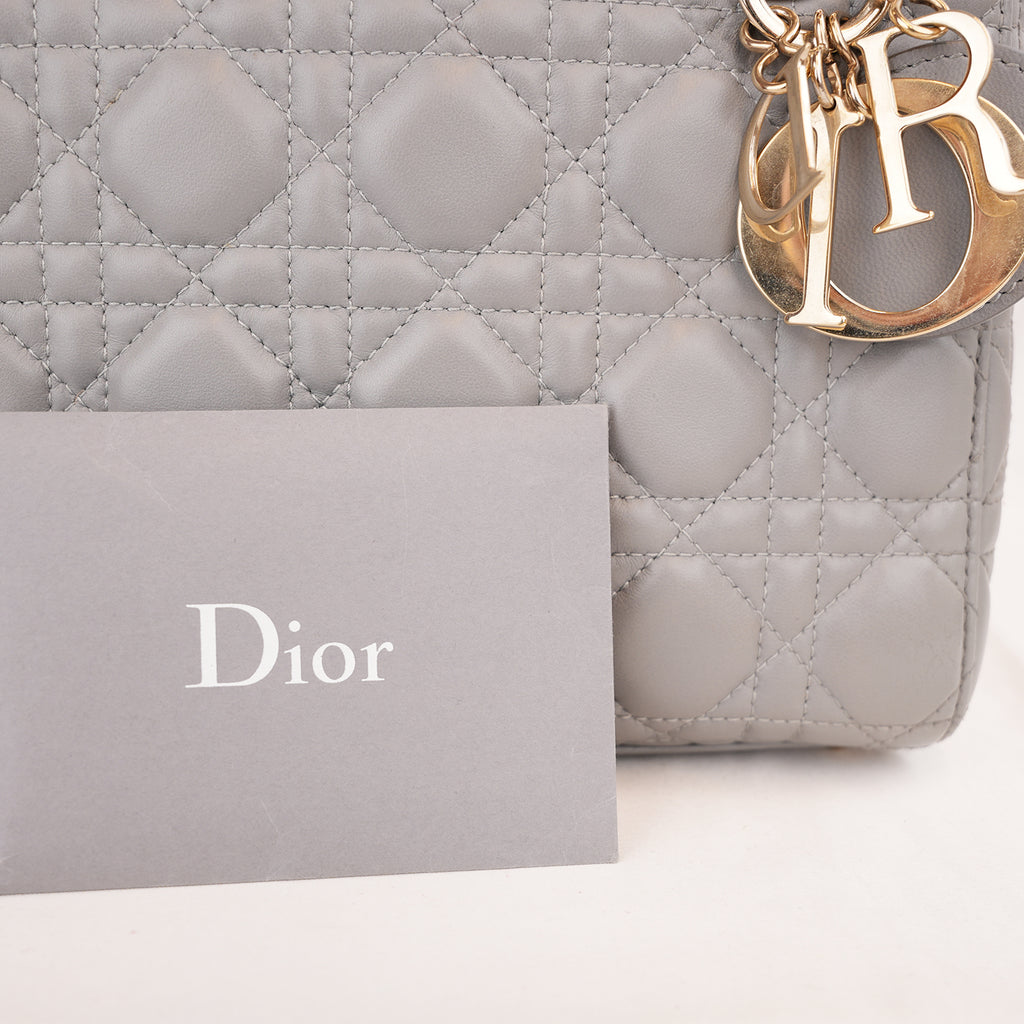 Dior Lady Dior Small Grigia in Pelle di Agnello Cannage con Hardware Dorato e Carta di Autenticità