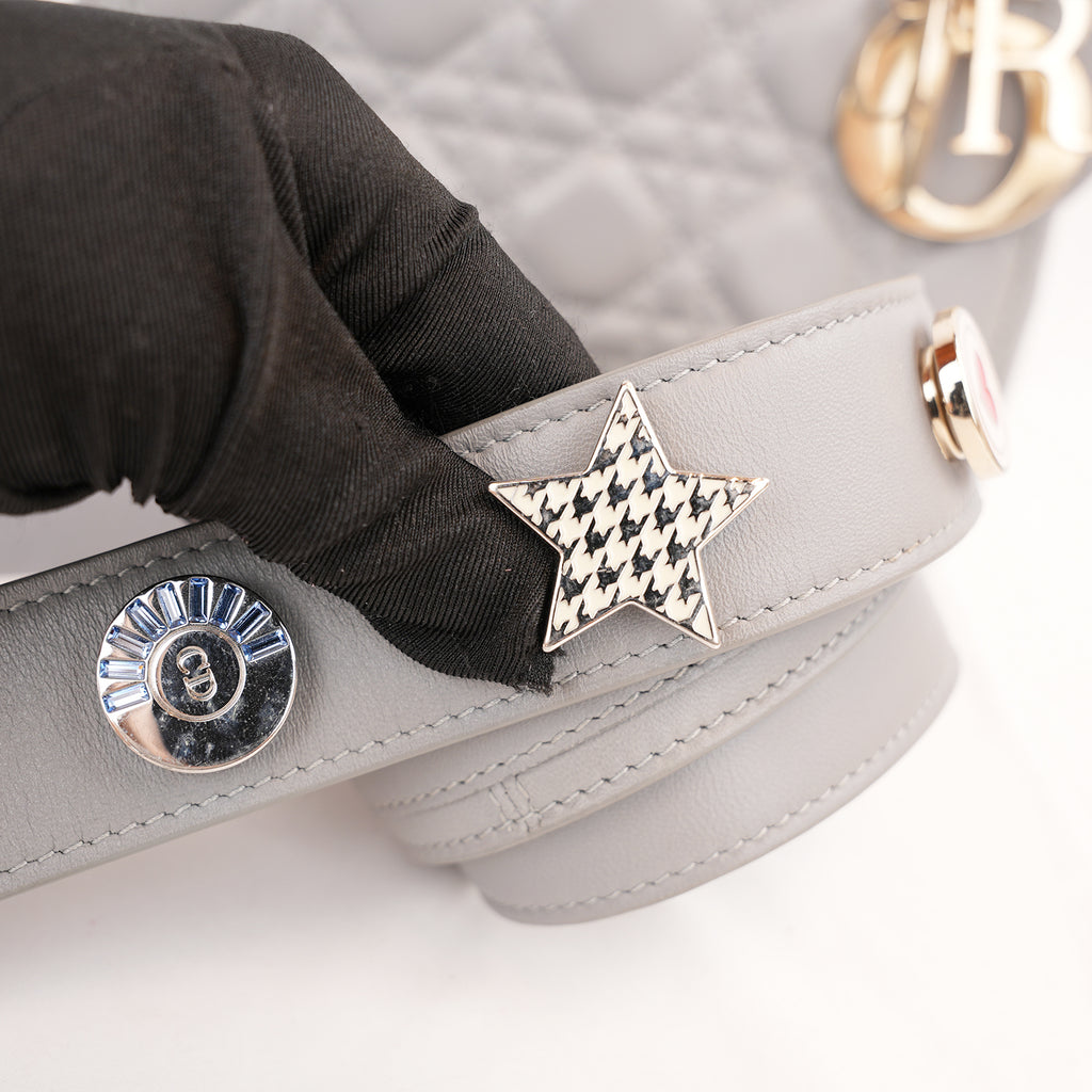 Dior Lady Dior Small Grigia in Pelle di Agnello Cannage con Hardware Dorato e Carta di Autenticità