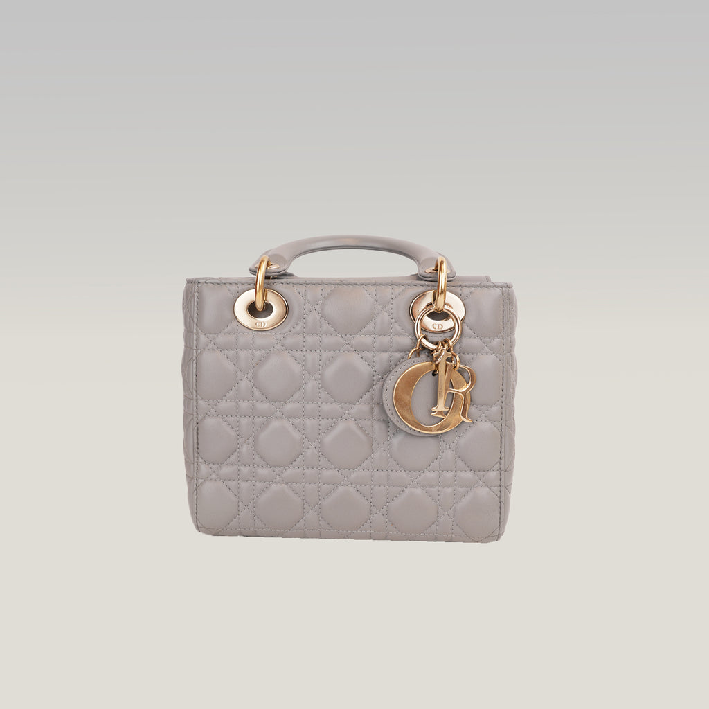 Dior Lady Dior Small Grigia in Pelle di Agnello Cannage con Hardware Dorato e Carta di Autenticità