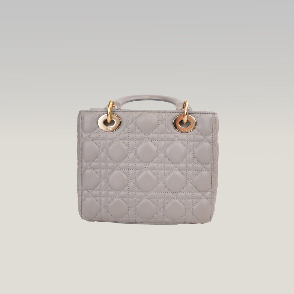 Dior Lady Dior Small Grigia in Pelle di Agnello Cannage con Hardware Dorato e Carta di Autenticità