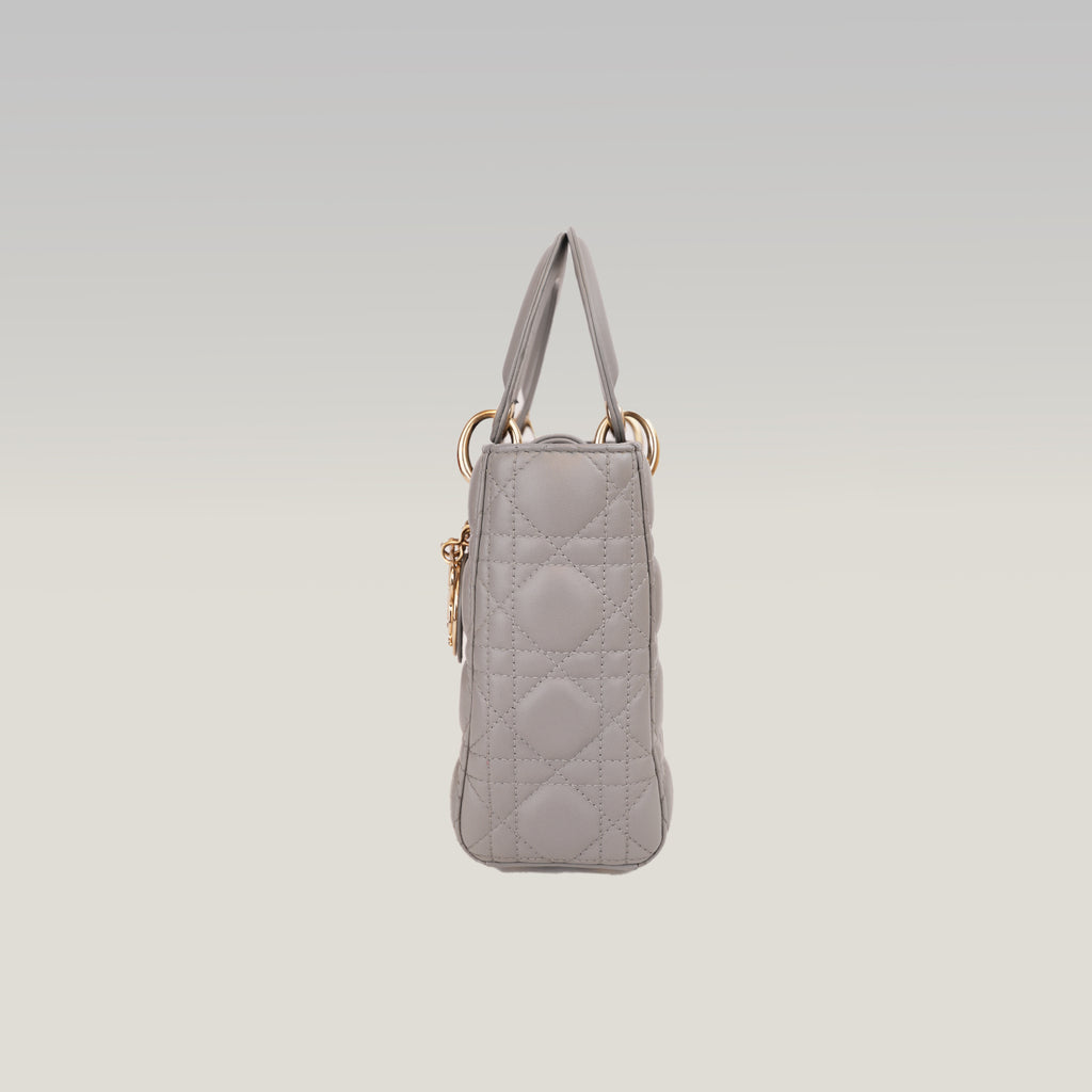 Dior Lady Dior Small Grigia in Pelle di Agnello Cannage con Hardware Dorato e Carta di Autenticità