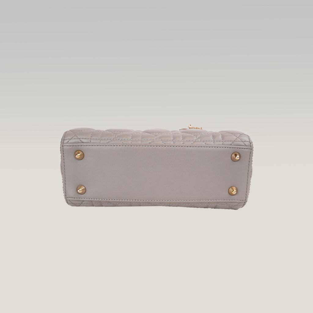 Dior Lady Dior Small Grigia in Pelle di Agnello Cannage con Hardware Dorato e Carta di Autenticità