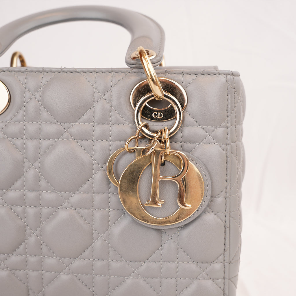 Dior Lady Dior Small Grigia in Pelle di Agnello Cannage con Hardware Dorato e Carta di Autenticità