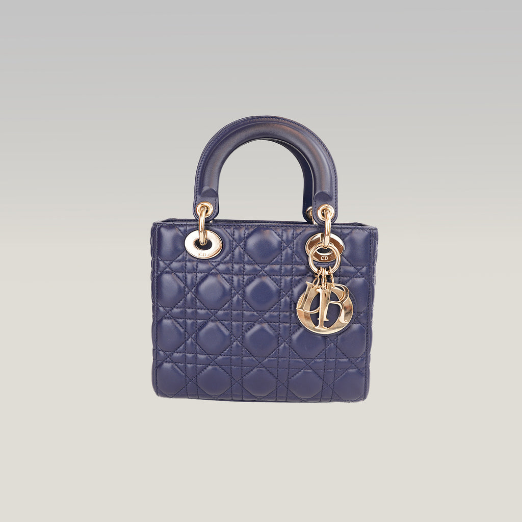 Dior Lady Dior Small Blu Navy in Pelle Cannage con Hardware Dorato e Tracolla