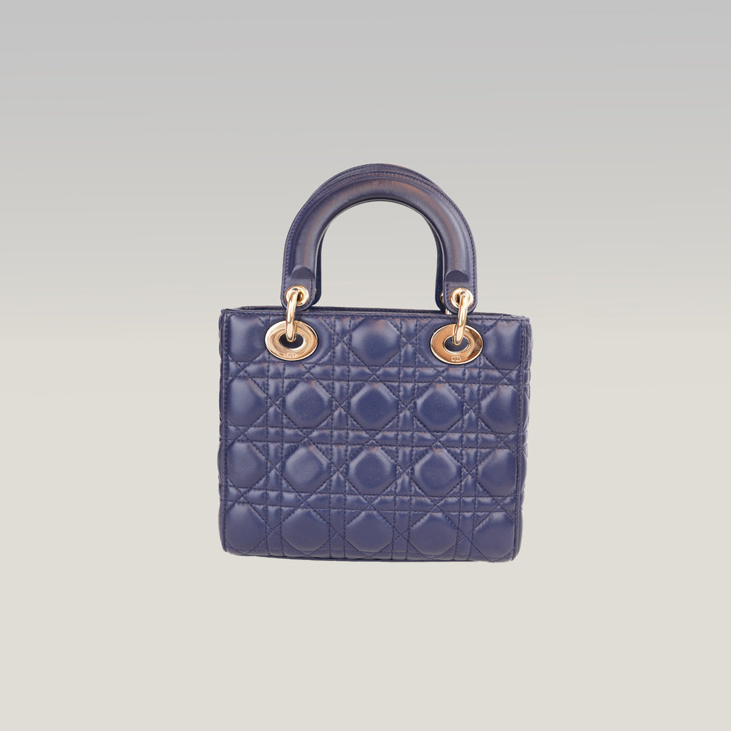 Dior Lady Dior Small Blu Navy in Pelle Cannage con Hardware Dorato e Tracolla