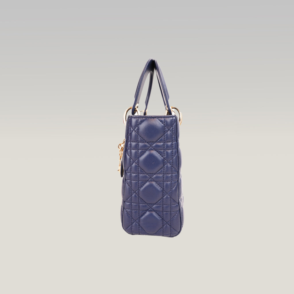 Dior Lady Dior Small Blu Navy in Pelle Cannage con Hardware Dorato e Tracolla