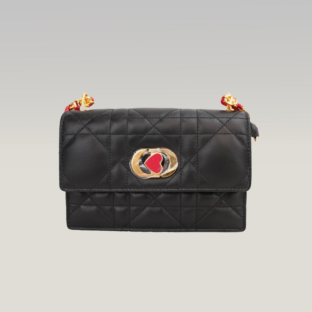 Dior Miss Caro Mini Dioramour Black Cannage Leather Bag con Cuore Rosso