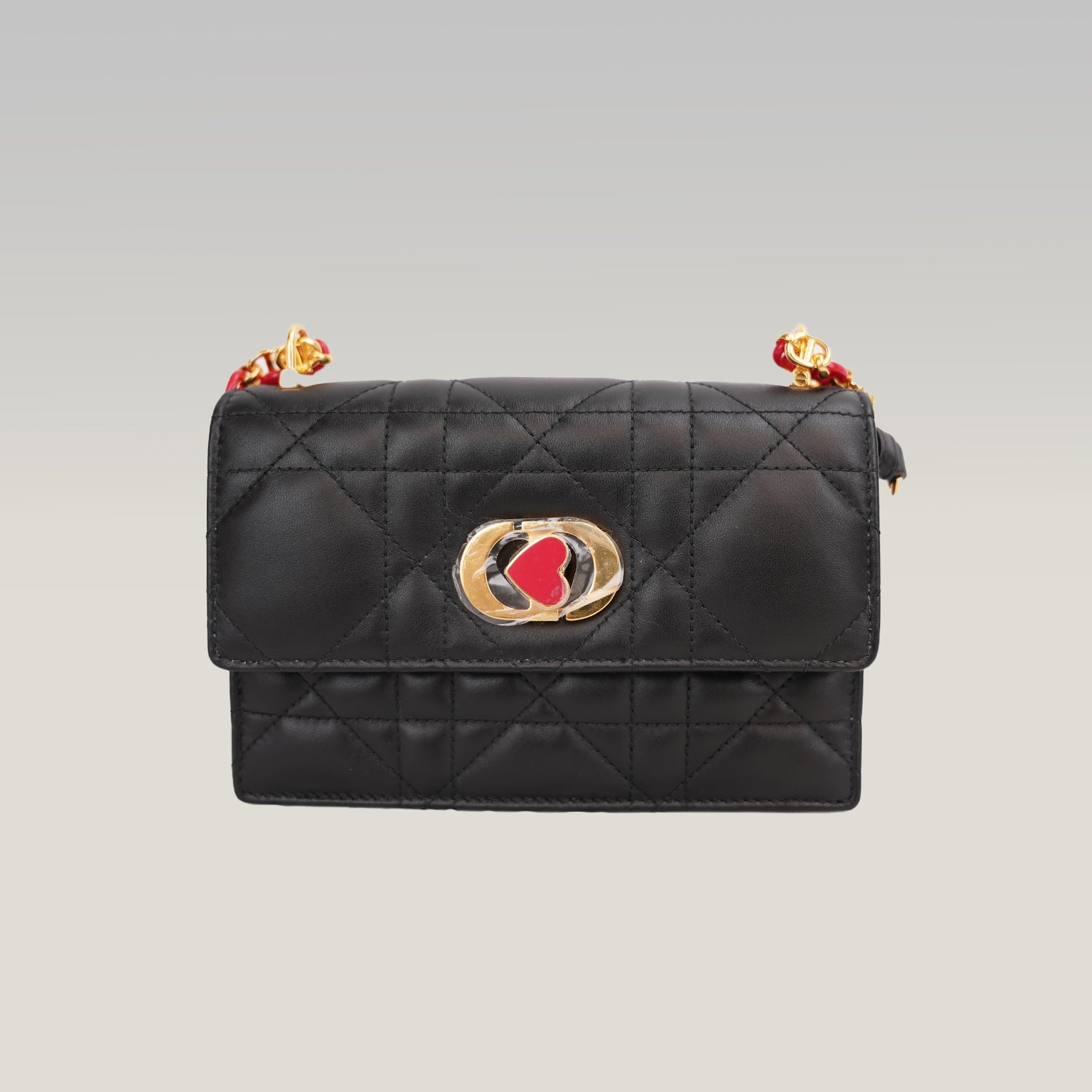 Dior Miss Caro Mini Dioramour Black Cannage Leather Bag con Cuore Rosso