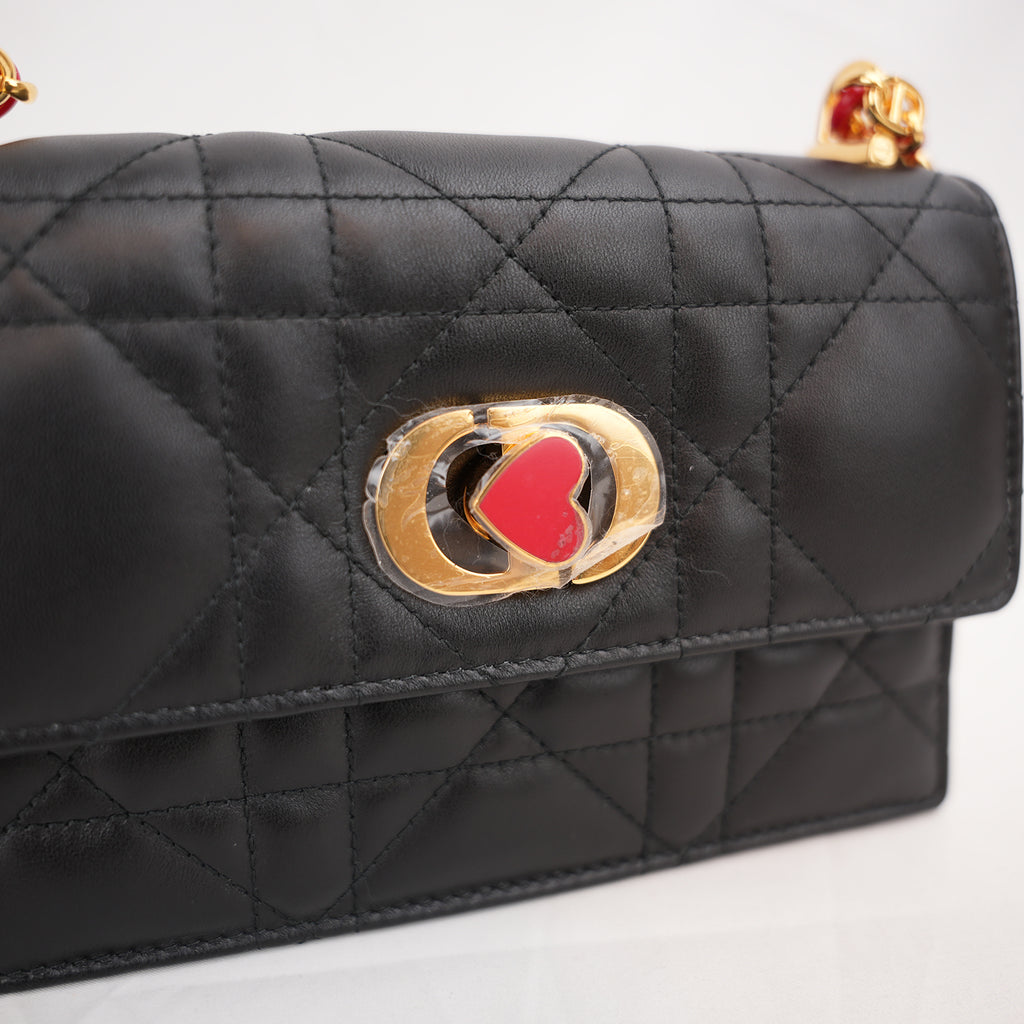 Dior Miss Caro Mini Dioramour Black Cannage Leather Bag con Cuore Rosso