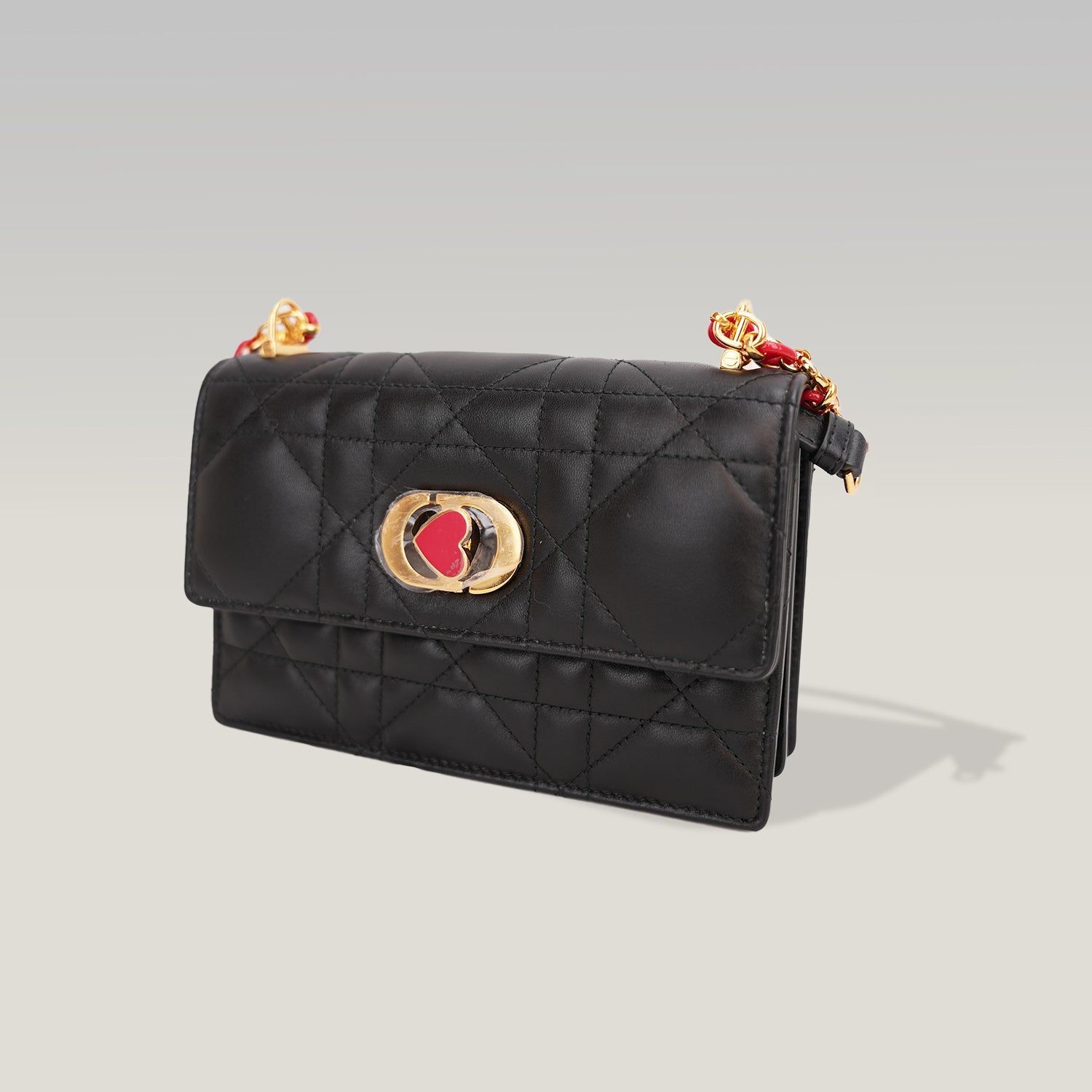 Dior Miss Caro Mini Dioramour Black Cannage Leather Bag con Cuore Rosso