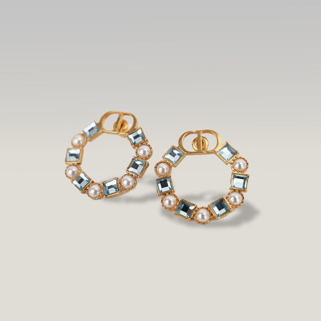 Dior CD Logo Hoop Earrings Gold Finish with Blue Crystal & Pearl