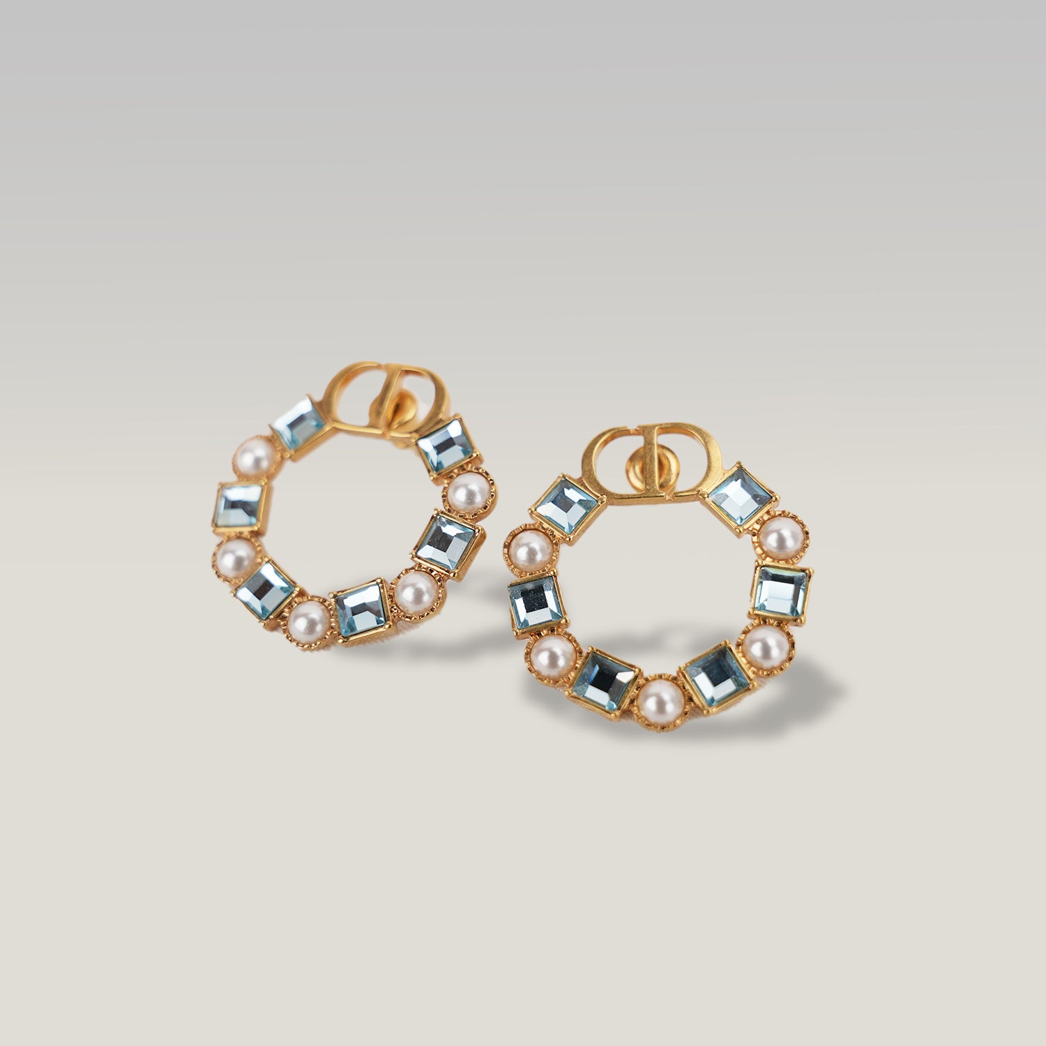 Dior CD Logo Hoop Earrings Gold Finish with Blue Crystal & Pearl