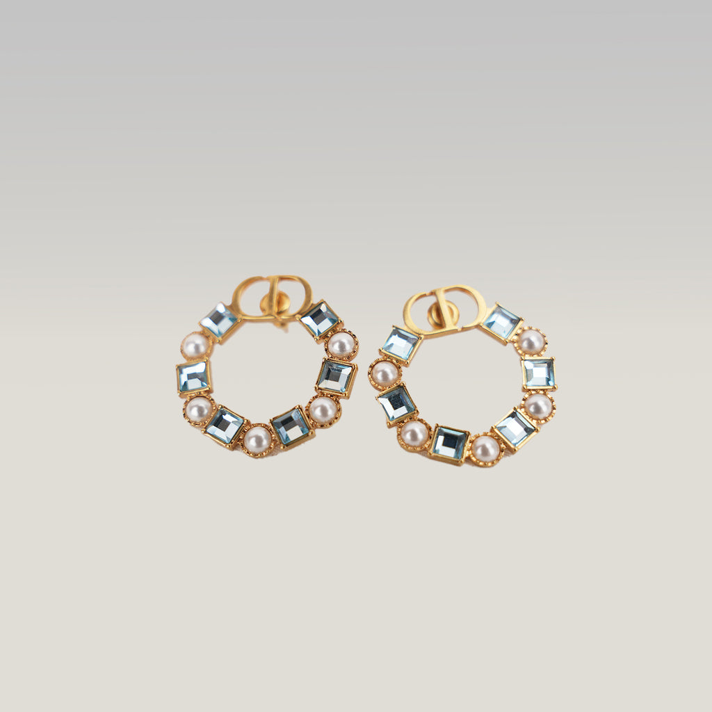 Dior CD Logo Hoop Earrings Gold Finish with Blue Crystal & Pearl