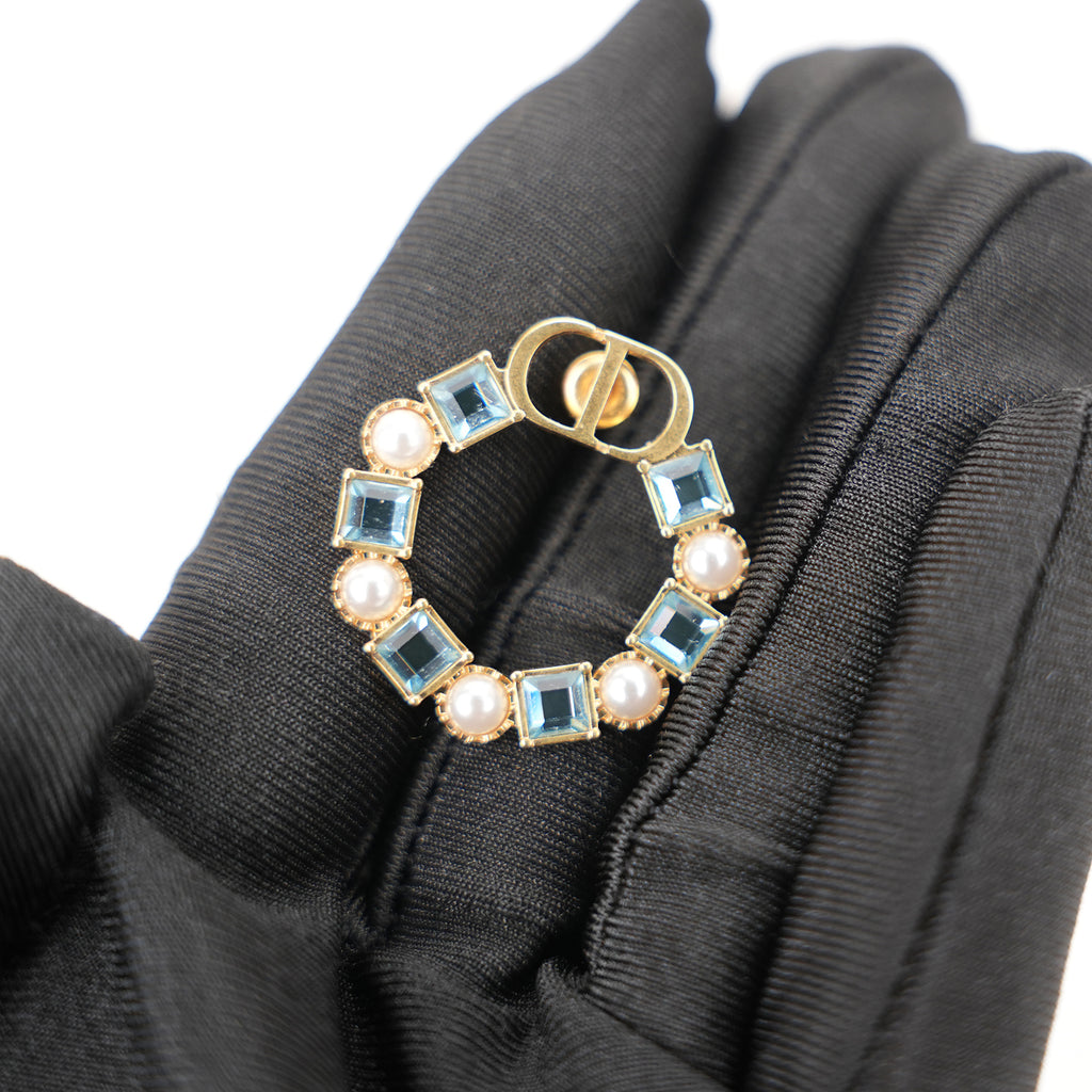 Dior CD Logo Hoop Earrings Gold Finish with Blue Crystal & Pearl