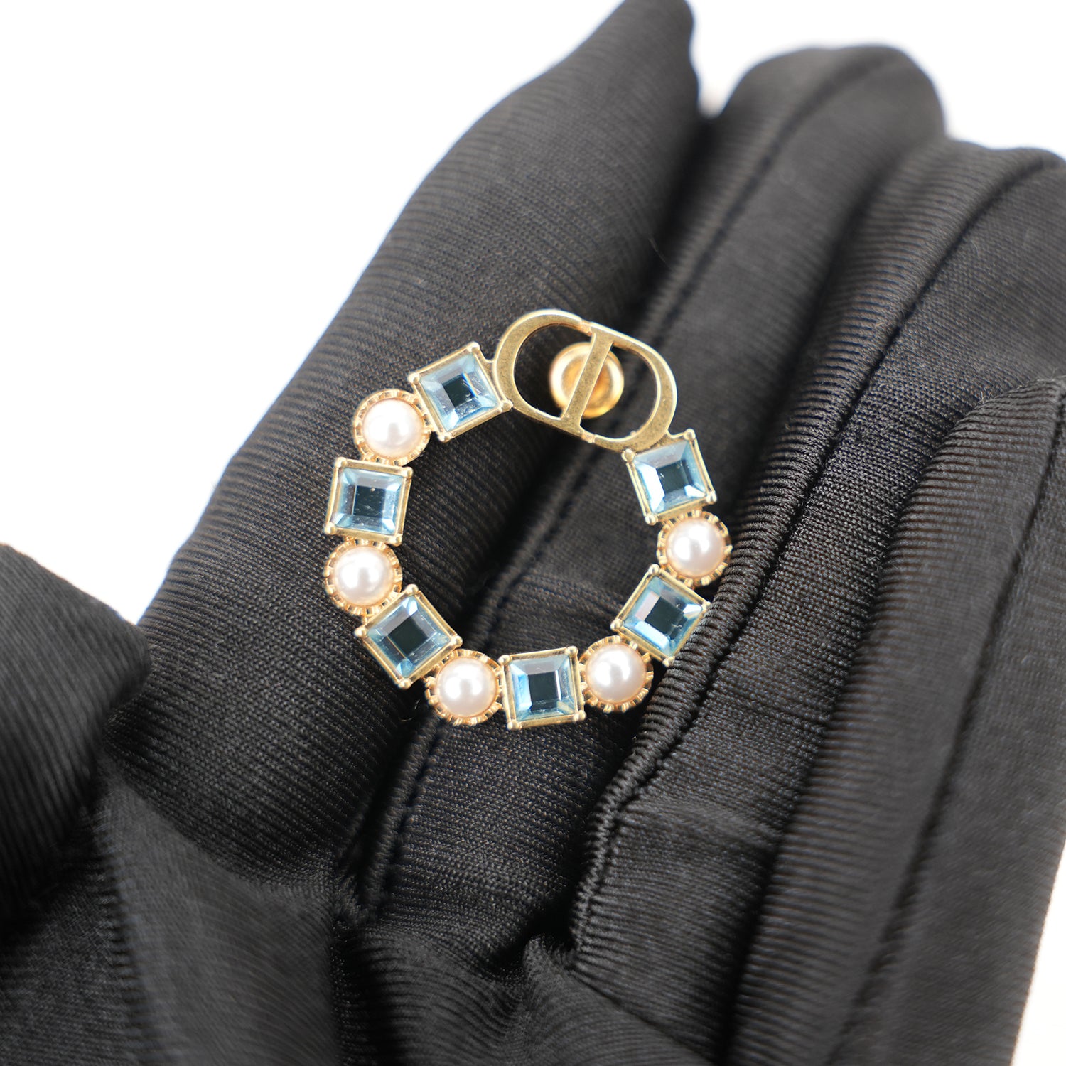 Dior CD Logo Hoop Earrings Gold Finish with Blue Crystal & Pearl