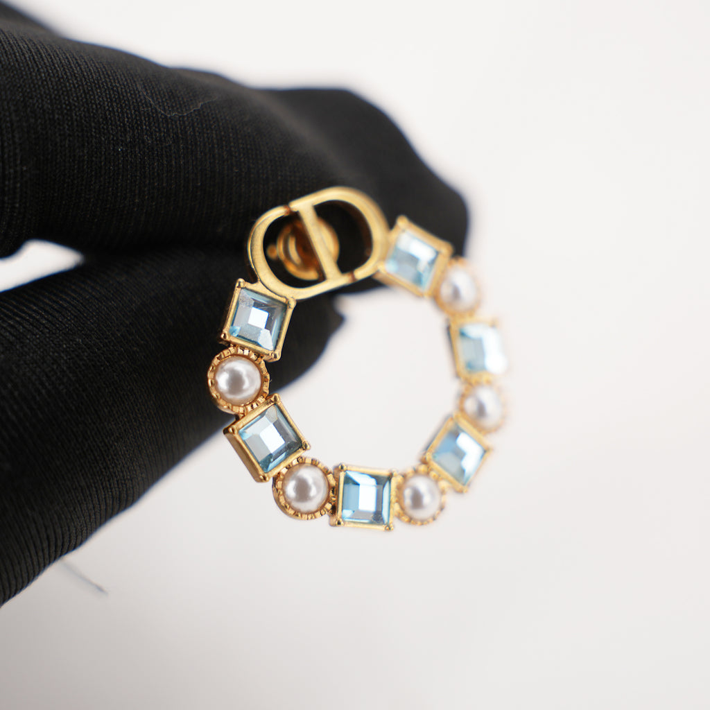 Dior CD Logo Hoop Earrings Gold Finish with Blue Crystal & Pearl
