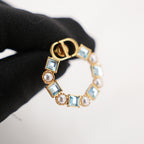 Dior CD Logo Hoop Earrings Gold Finish with Blue Crystal & Pearl
