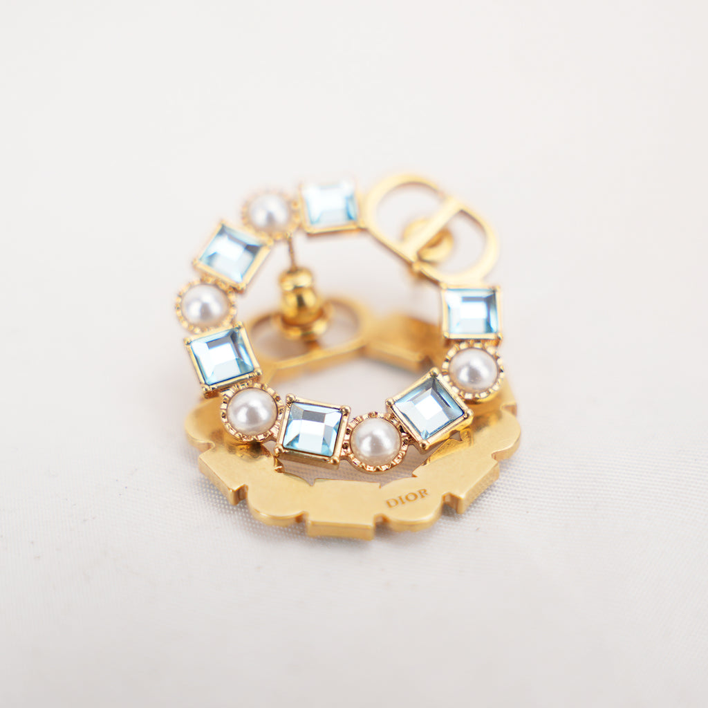 Dior CD Logo Hoop Earrings Gold Finish with Blue Crystal & Pearl