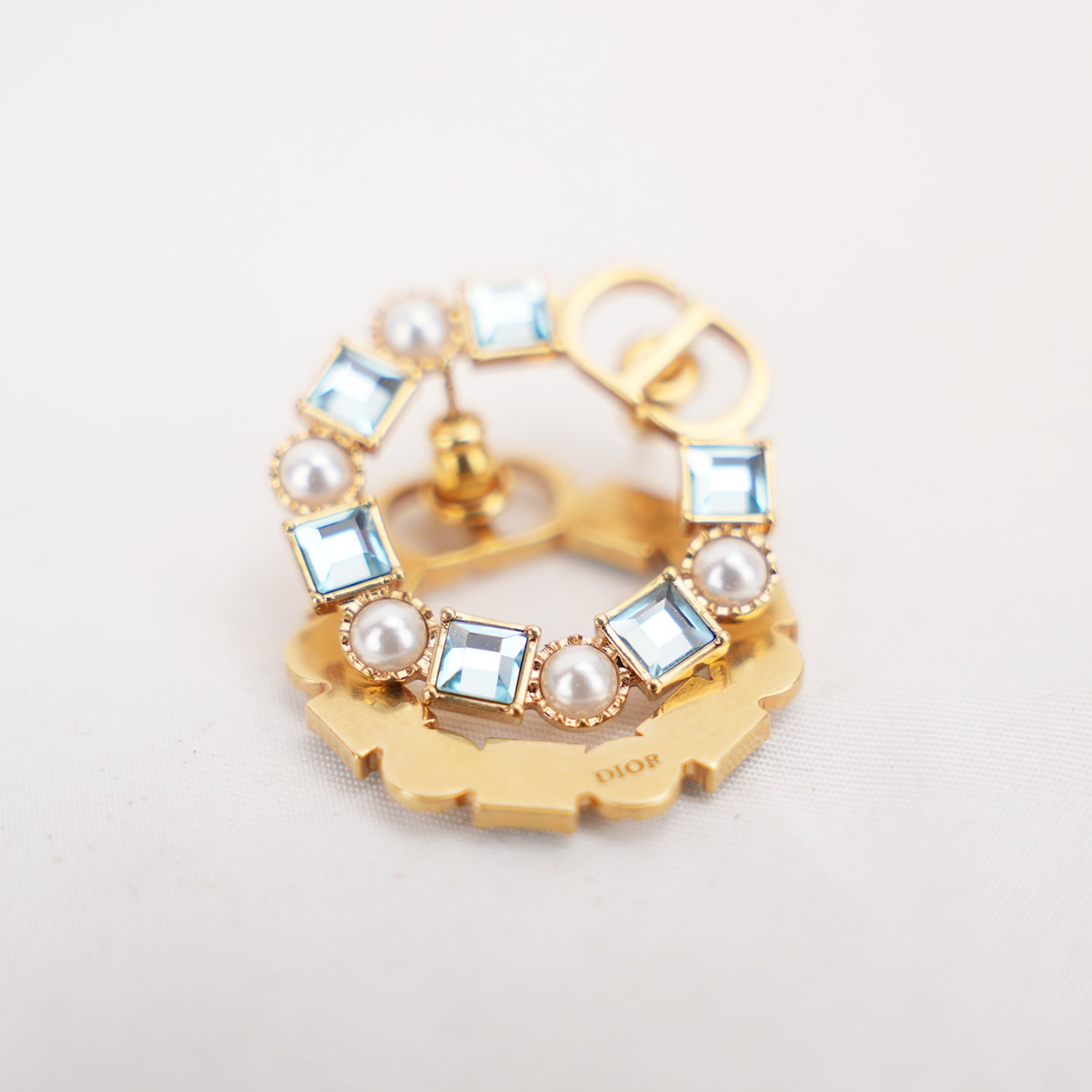 Dior CD Logo Hoop Earrings Gold Finish with Blue Crystal & Pearl