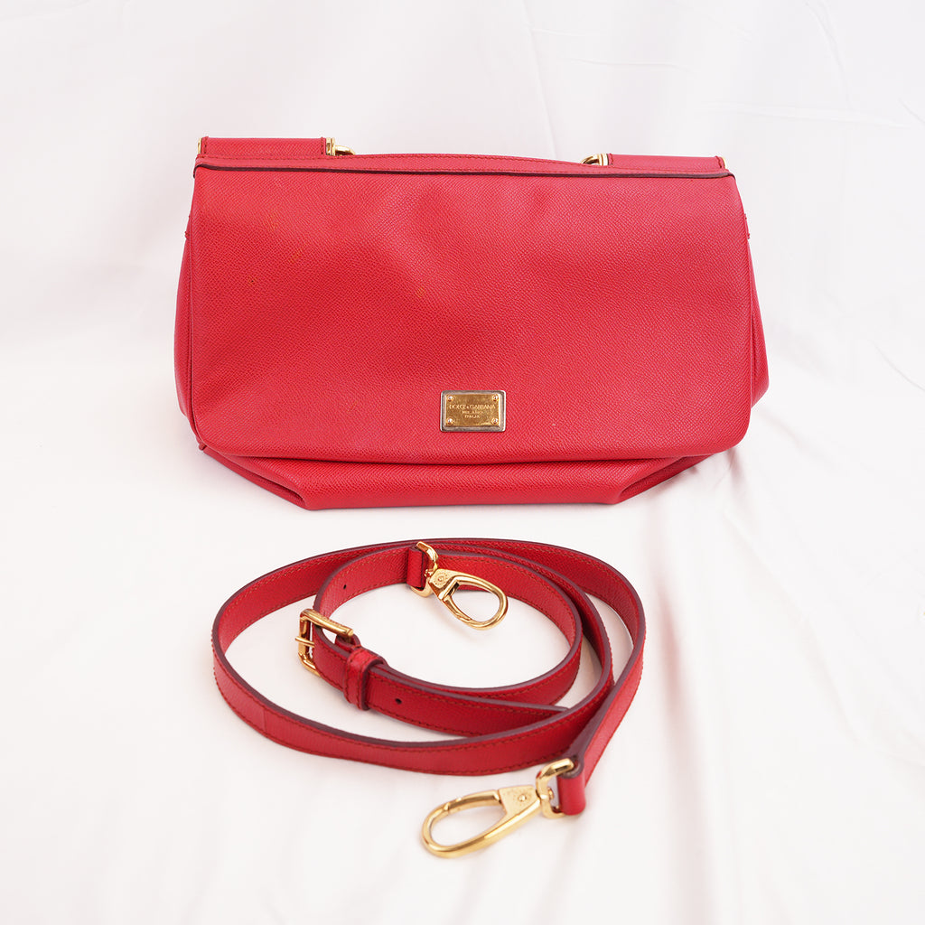Dolce & Gabbana Miss Sicily Large Borsa a Mano Grande in Pelle Dauphine Rossa con Logo e Dettagli Dorati