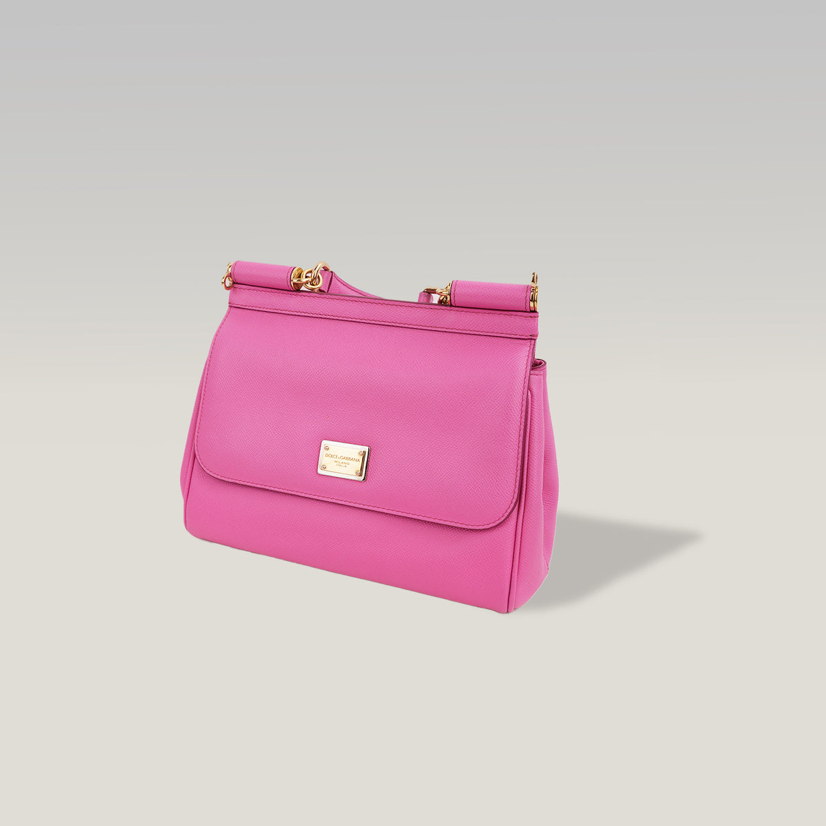 Dolce & Gabbana Sicily Small Borsa a Mano in Pelle Dauphine Rosa Fucsia con Logo e Dettagli Dorati
