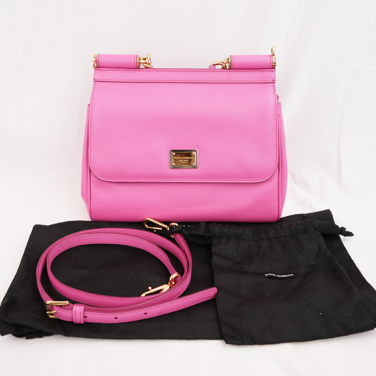 Dolce & Gabbana Sicily Small Borsa a Mano in Pelle Dauphine Rosa Fucsia con Logo e Dettagli Dorati
