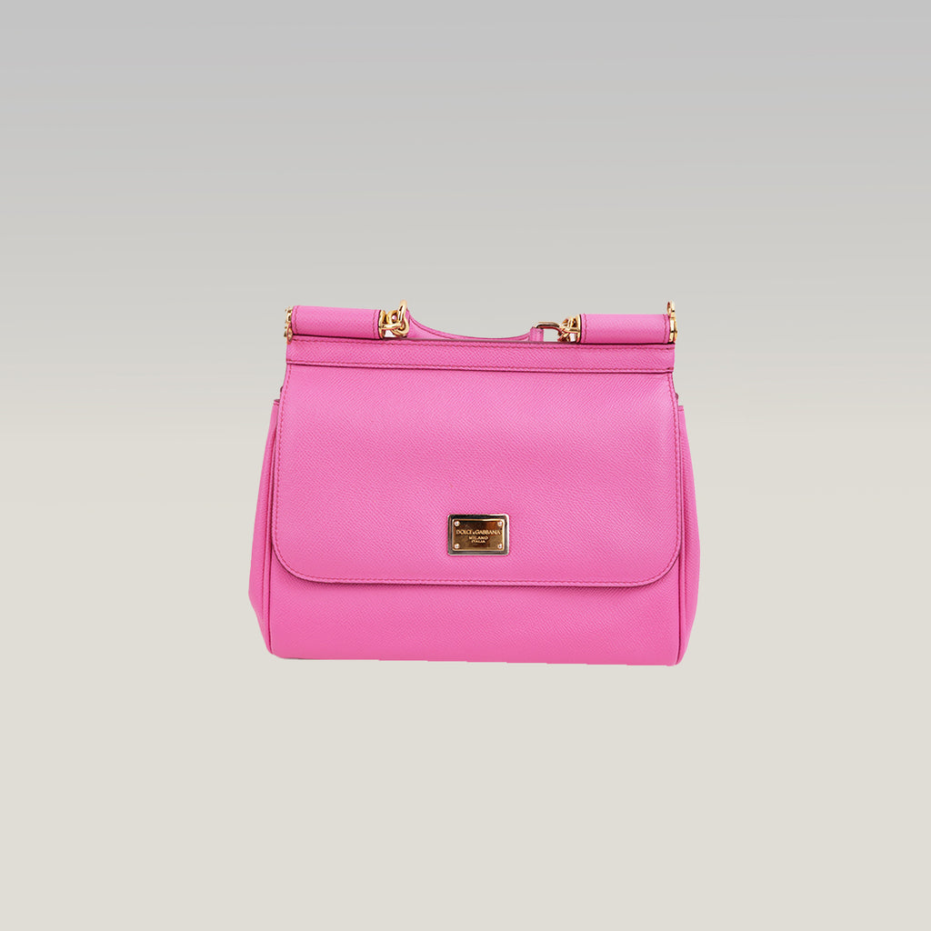 Dolce & Gabbana Sicily Small Borsa a Mano in Pelle Dauphine Rosa Fucsia con Logo e Dettagli Dorati