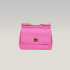 Dolce & Gabbana Sicily Small Borsa a Mano in Pelle Dauphine Rosa Fucsia con Logo e Dettagli Dorati