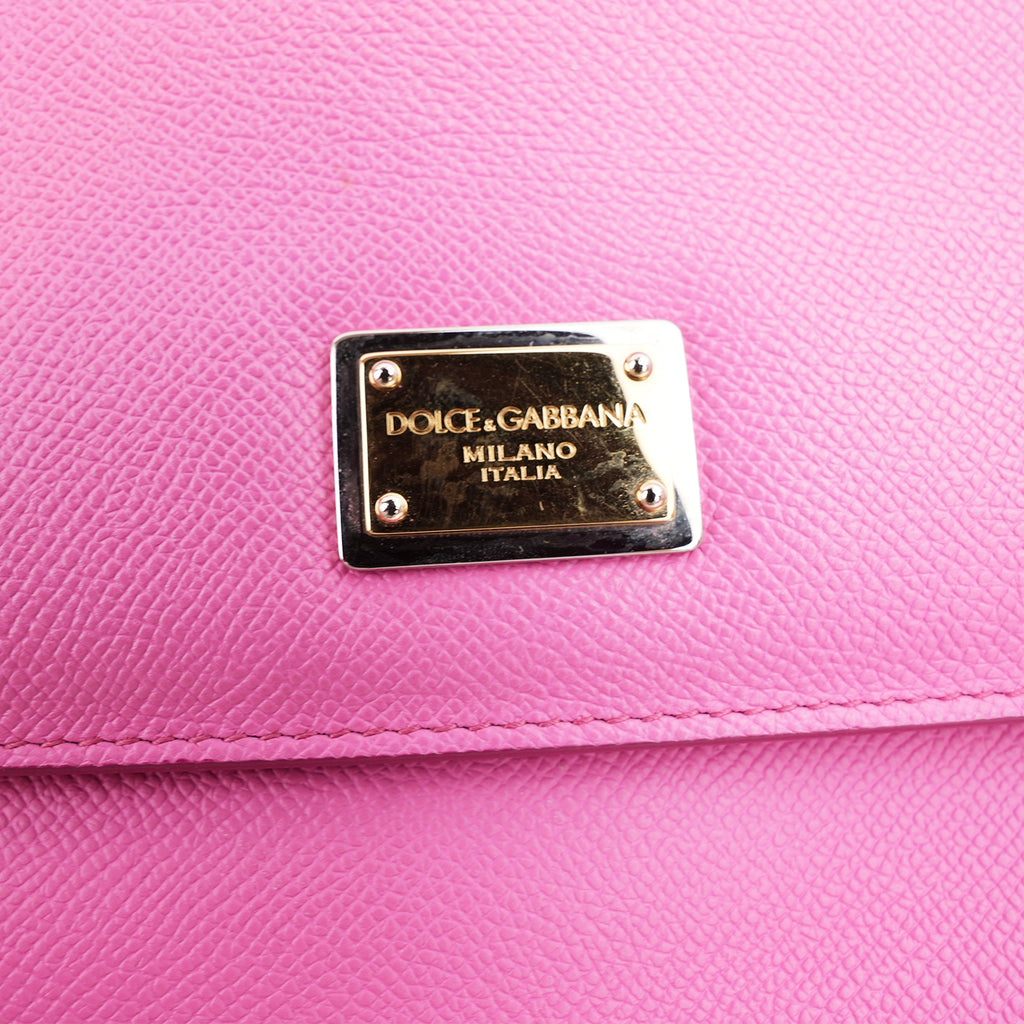 Dolce & Gabbana Sicily Small Borsa a Mano in Pelle Dauphine Rosa Fucsia con Logo e Dettagli Dorati