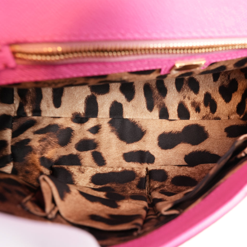 Dolce & Gabbana Sicily Small Borsa a Mano in Pelle Dauphine Rosa Fucsia con Logo e Dettagli Dorati
