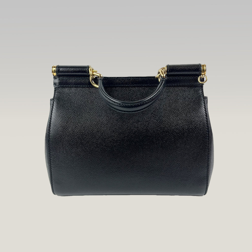 Borsa Dolce & Gabbana Sicily Media Nera in Pelle Dauphine con Dettagli Dorati – 26 cm