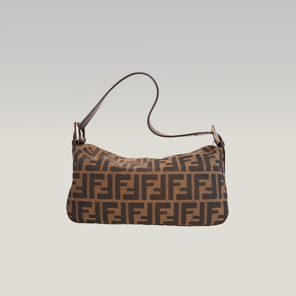 Fendi Baguette Vintage Borsa a Spalla in Tela Zucca FF Marrone con Finiture in Pelle e Fibbia Argentata