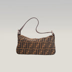 Fendi Baguette Vintage Borsa a Spalla in Tela Zucca FF Marrone con Finiture in Pelle e Fibbia Argentata