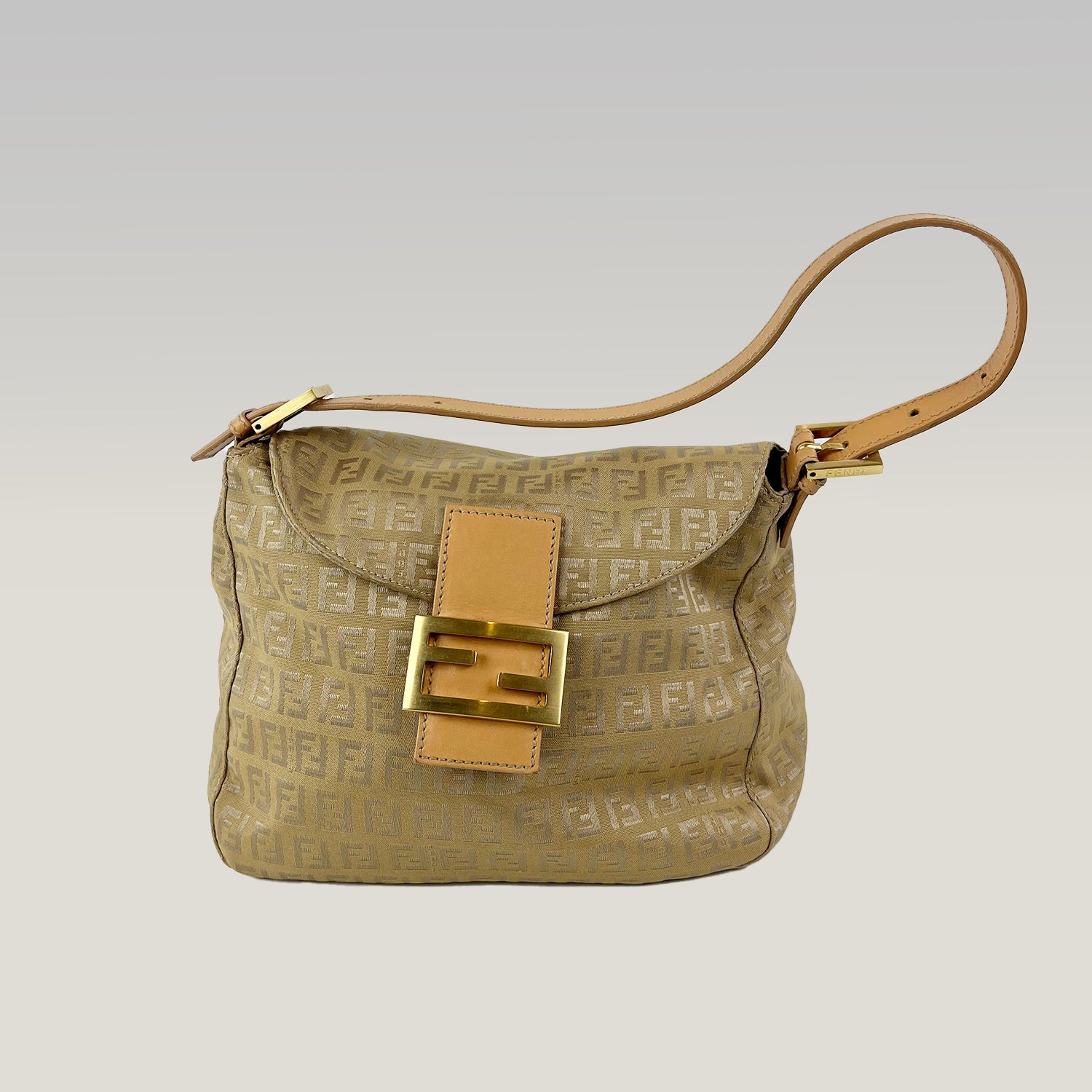 Fendi Baguette Zucca Canvas Beige FF Logo Shoulder Bag