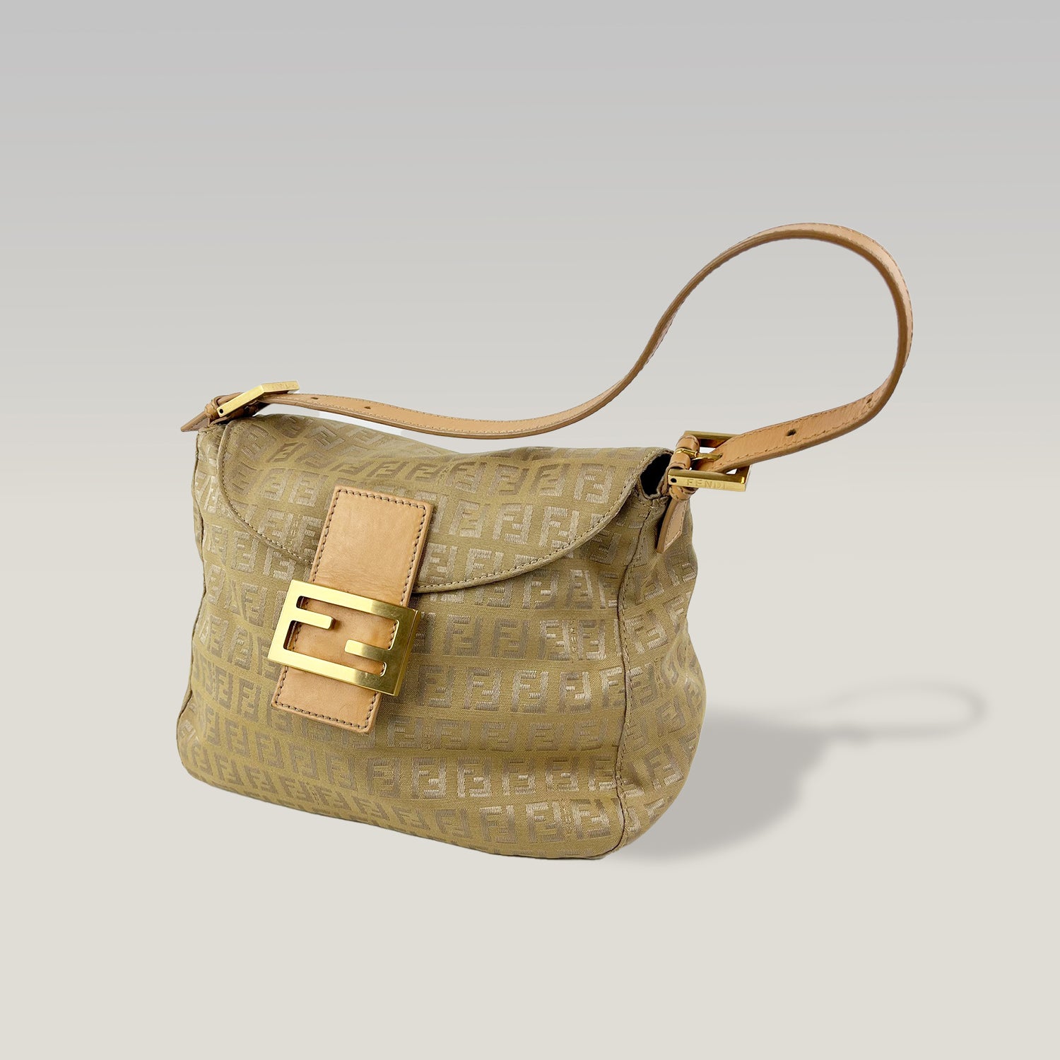 Fendi Baguette Zucca Canvas Beige FF Logo Shoulder Bag