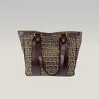 Fendi Zucca FF Monogram Canvas Tote Bag Brown Leather Trim Vintage