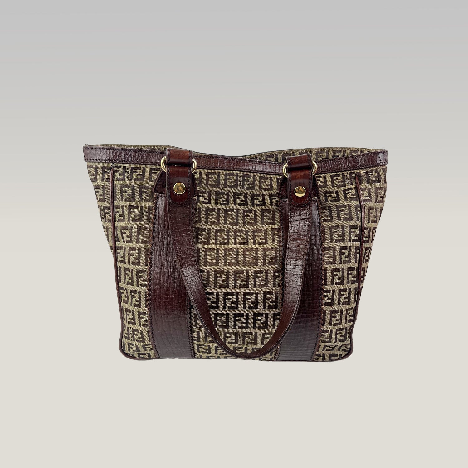 Fendi Zucca FF Monogram Canvas Tote Bag Brown Leather Trim Vintage
