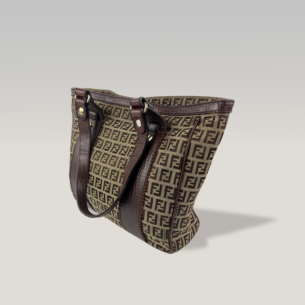 Fendi Zucca FF Monogram Canvas Tote Bag Brown Leather Trim Vintage