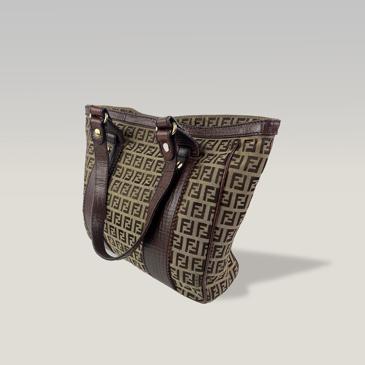 Fendi Zucca FF Monogram Canvas Tote Bag Brown Leather Trim Vintage