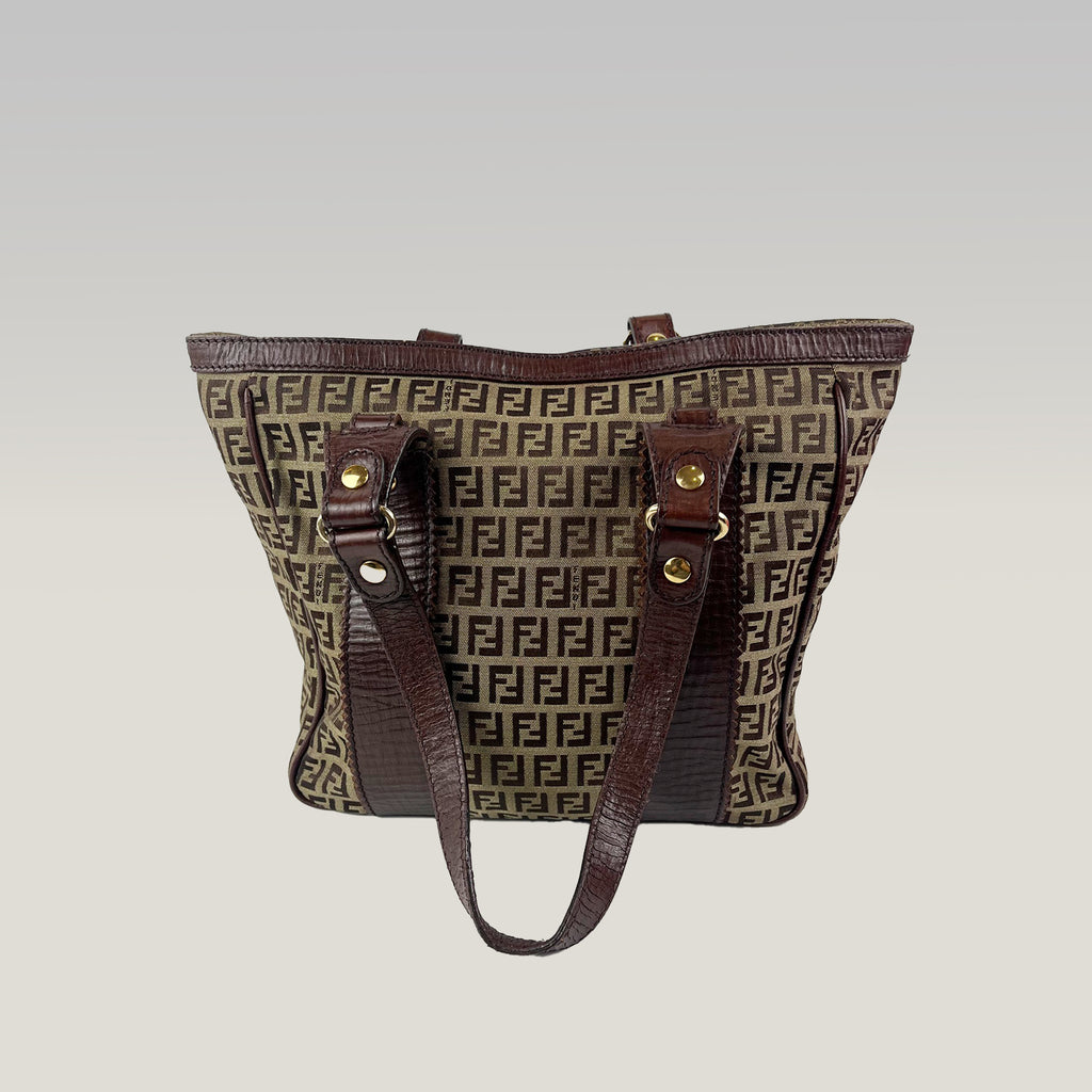Fendi Zucca FF Monogram Canvas Tote Bag Brown Leather Trim Vintage