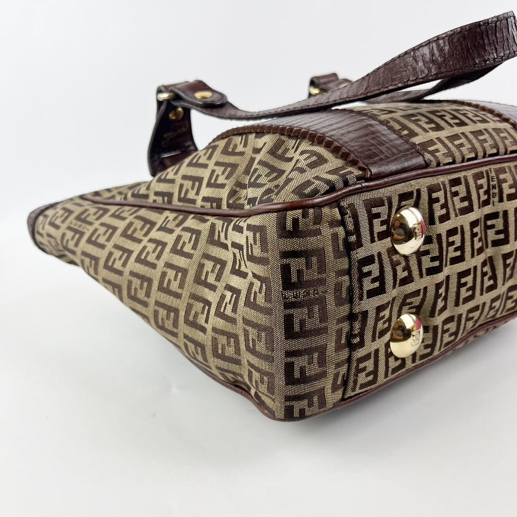 Fendi Zucca FF Monogram Canvas Tote Bag Brown Leather Trim Vintage