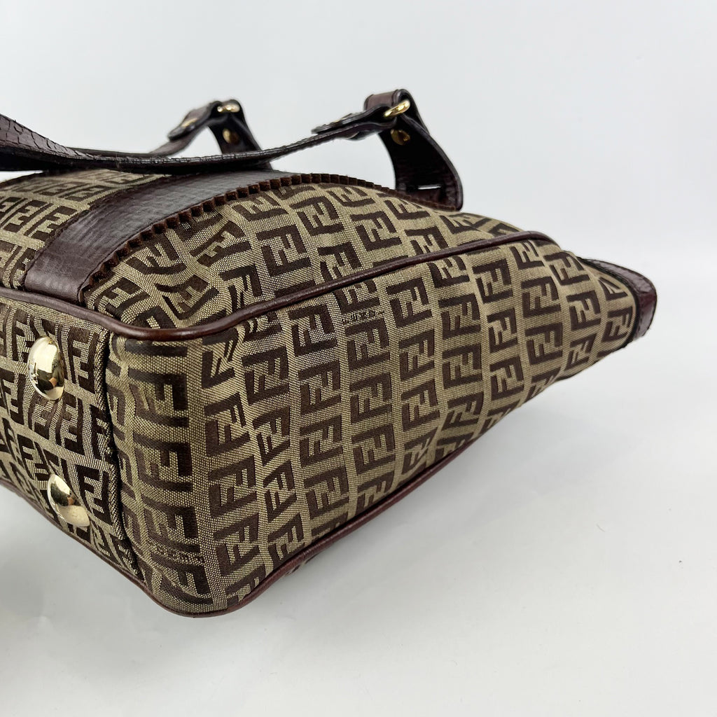 Fendi Zucca FF Monogram Canvas Tote Bag Brown Leather Trim Vintage