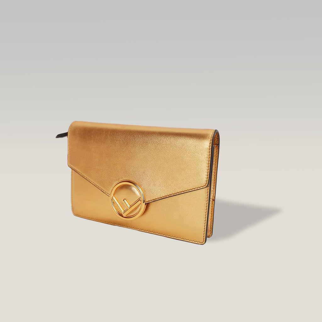 Fendi Gold Leather Wallet on Chain Bag with Gold-Tone Logo Hardware