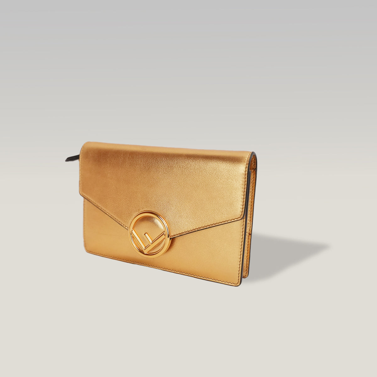 Fendi Gold Leather Wallet on Chain Bag with Gold-Tone Logo Hardware