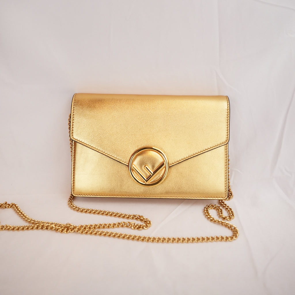 Fendi Gold Leather Wallet on Chain Bag with Gold-Tone Logo Hardware