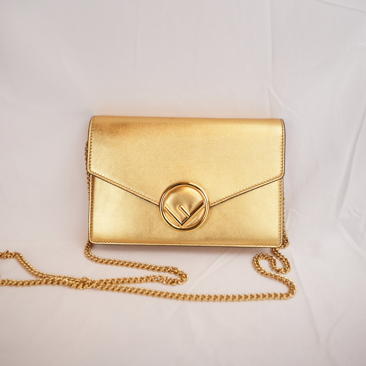 Fendi Gold Leather Wallet on Chain Bag with Gold-Tone Logo Hardware