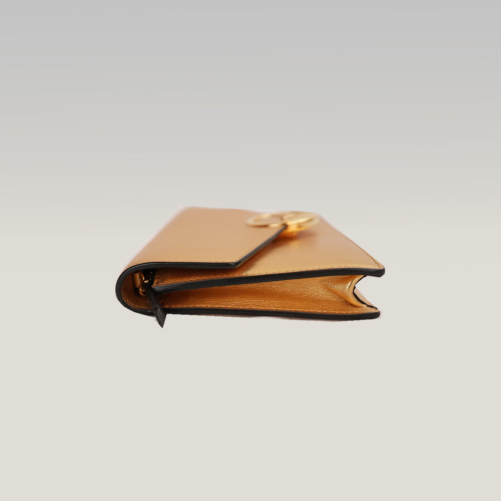 Fendi Gold Leather Wallet on Chain Bag with Gold-Tone Logo Hardware