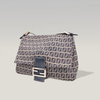 Fendi Mamma Baguette 29 in Tela Zucca FF Beige e Pelle Blu con Chiusura FF Argento