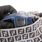 Fendi Mamma Baguette 29 in Tela Zucca FF Beige e Pelle Blu con Chiusura FF Argento