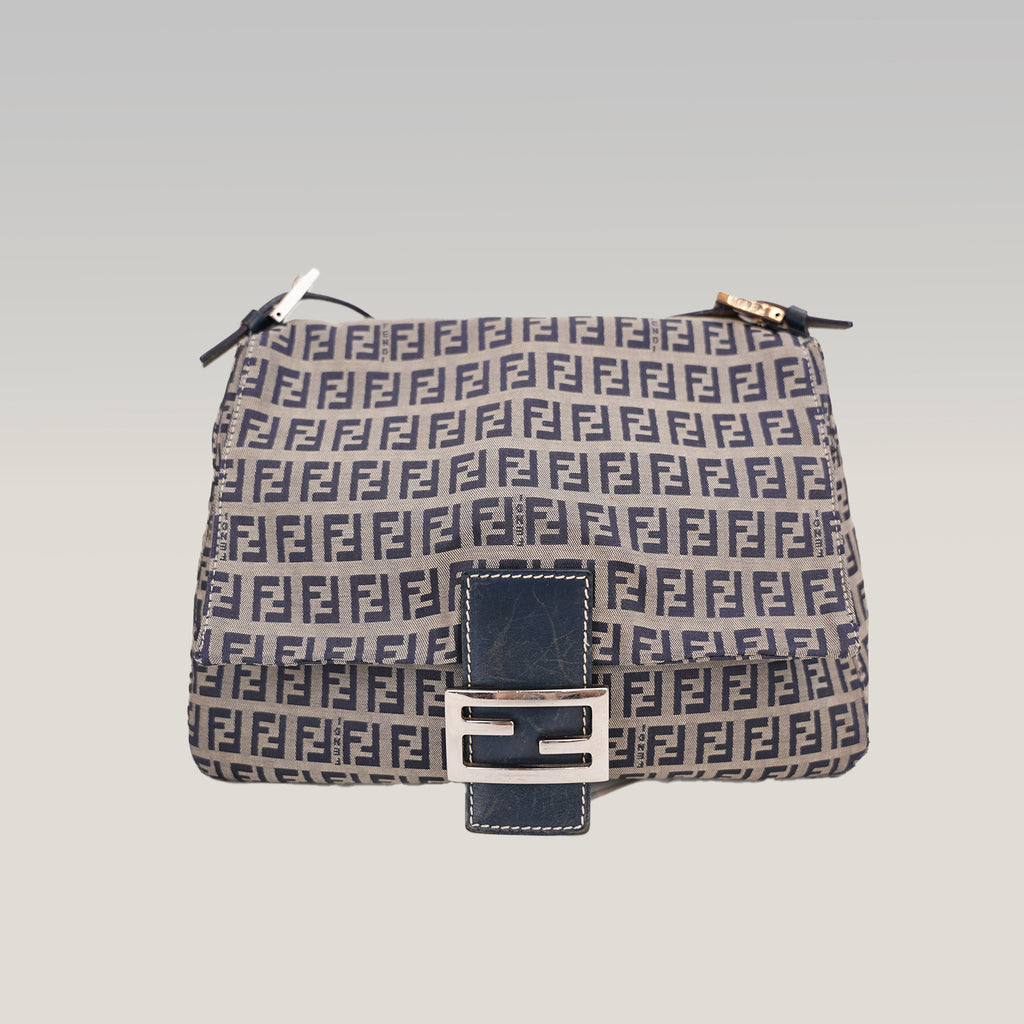 Fendi Mamma Baguette 29 in Tela Zucca FF Beige e Pelle Blu con Chiusura FF Argento